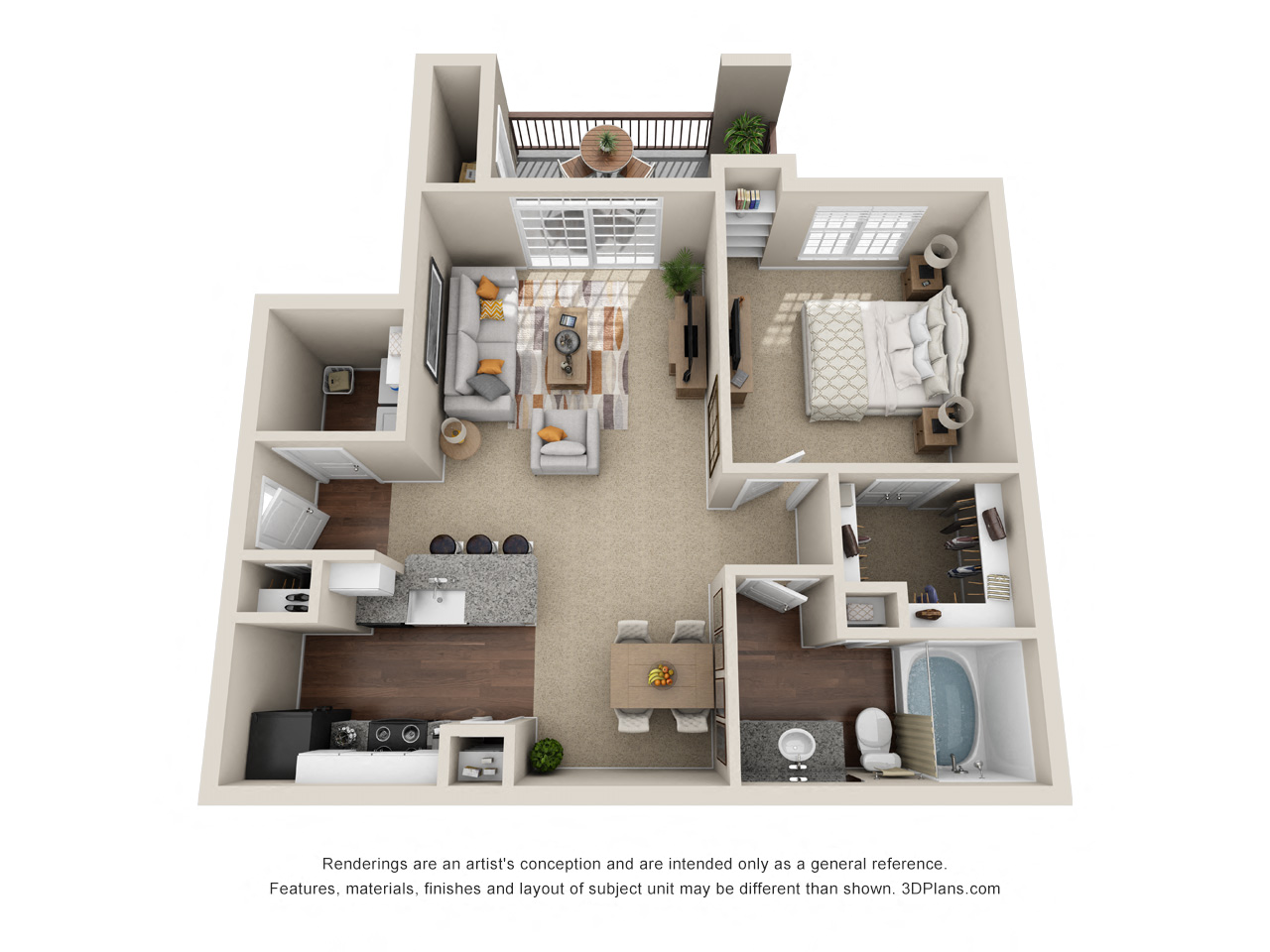Floor plan for 1 bed, 1 bath, 734 sqft